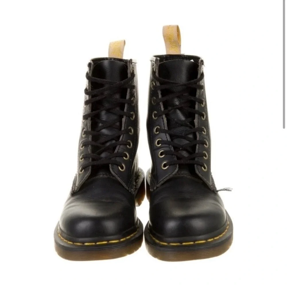 Dr Martens 1460 Leather Combat Boots Black Vegan Yellow Welt‎ Stitch Size 4Y